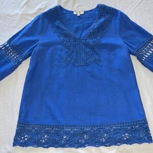 Kenar Blue Linen Blend Crochet Lace V-Neck Blouse Top Womens L Boho Chic